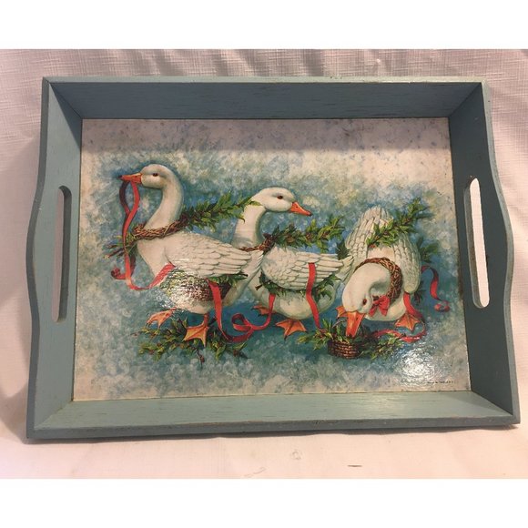 Painted Wood Serving Tray Blue Handles Ducks Goose Geese Wreaths Ribbons VTG 80s - Picture 1 of 12